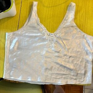 white vintage silky like tank top with lace embroidery near chest